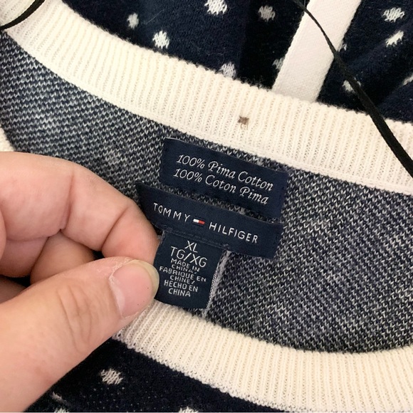 Tommy Hilfiger button back sweater navy blue polka dot pima cotton sz XL EUC OBO - Picture 9 of 12